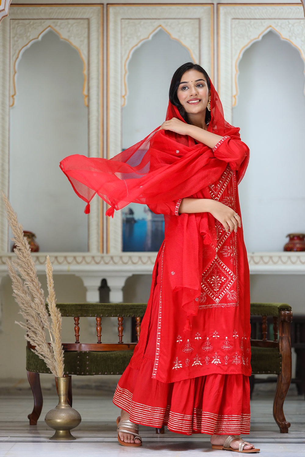 Kaajh Women's Red Embroidered Silk Kurta Sharara Set With Kota Doria Dupatta | Grocsy