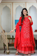 Kaajh Women's Red Embroidered Silk Kurta Sharara Set With Kota Doria Dupatta | Grocsy