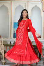 Kaajh Women's Red Embroidered Silk Kurta Sharara Set With Kota Doria Dupatta | Grocsy