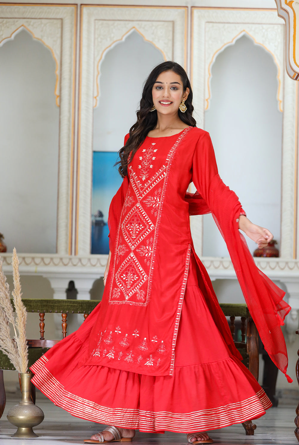 Kaajh Women's Red Embroidered Silk Kurta Sharara Set With Kota Doria Dupatta | Grocsy