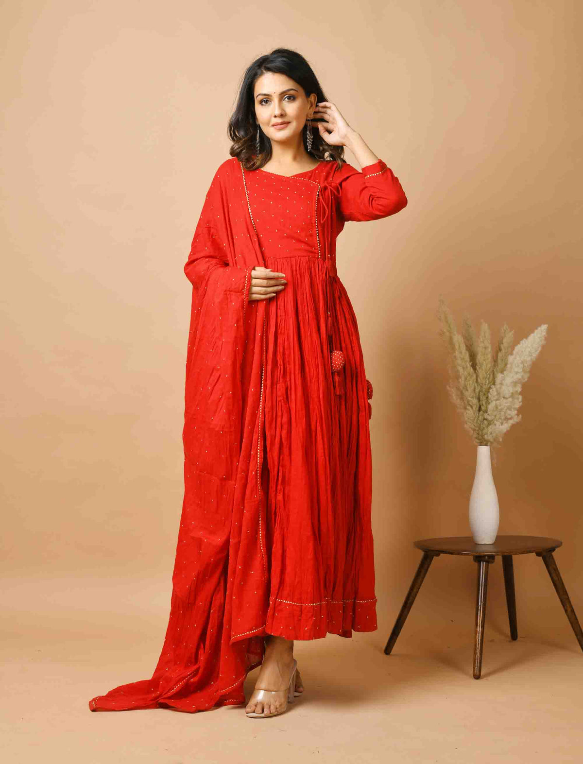Kaajh Women's Red Zari Embellishment Angrakha Suit Set | Grocsy