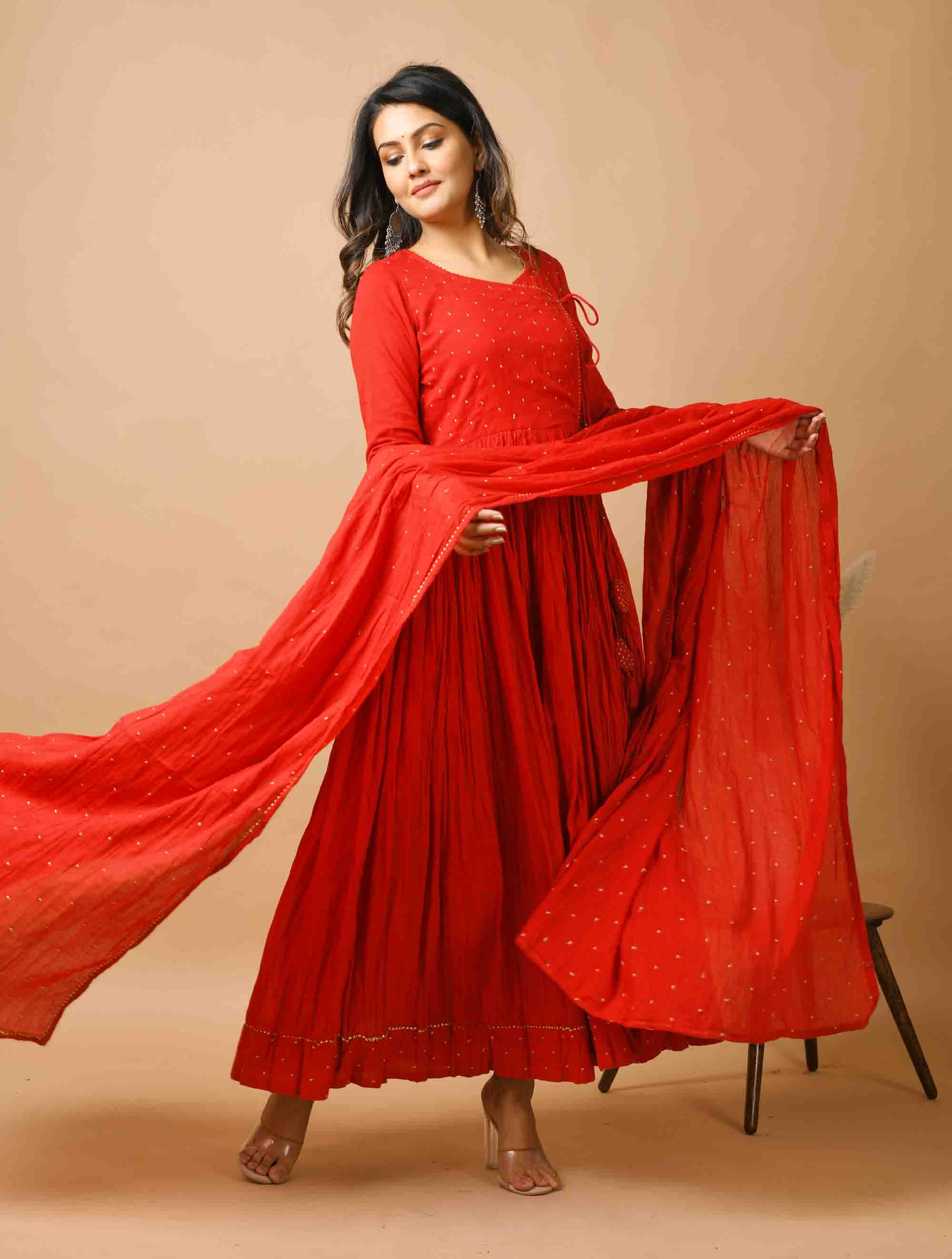 Kaajh Women's Red Zari Embellishment Angrakha Suit Set | Grocsy