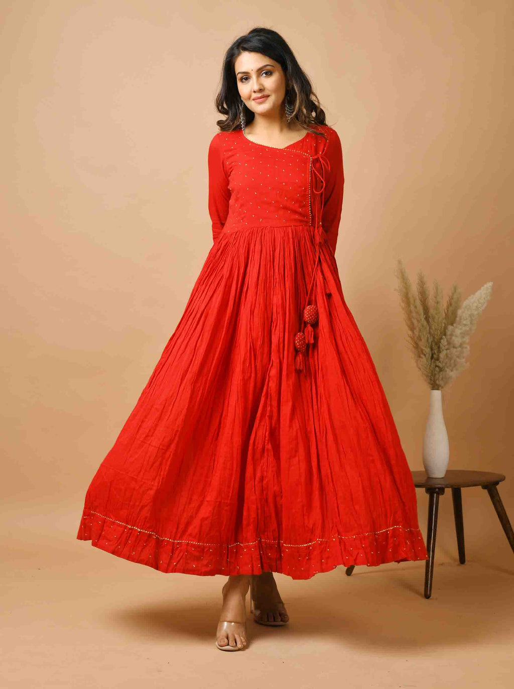 Kaajh Women's Red Zari Embellishment Angrakha Suit Set | Grocsy