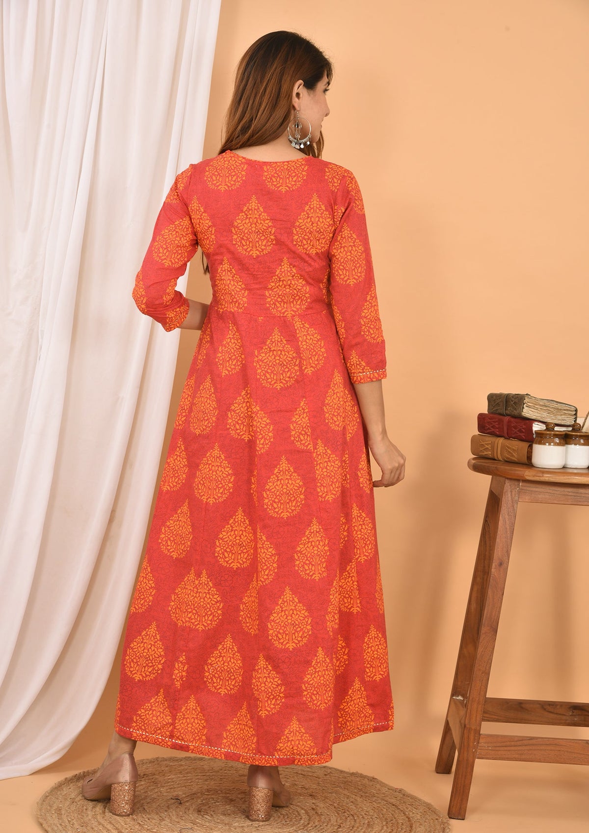Kaajh Women's Orange Printed Anarkali Kurta | Grocsy