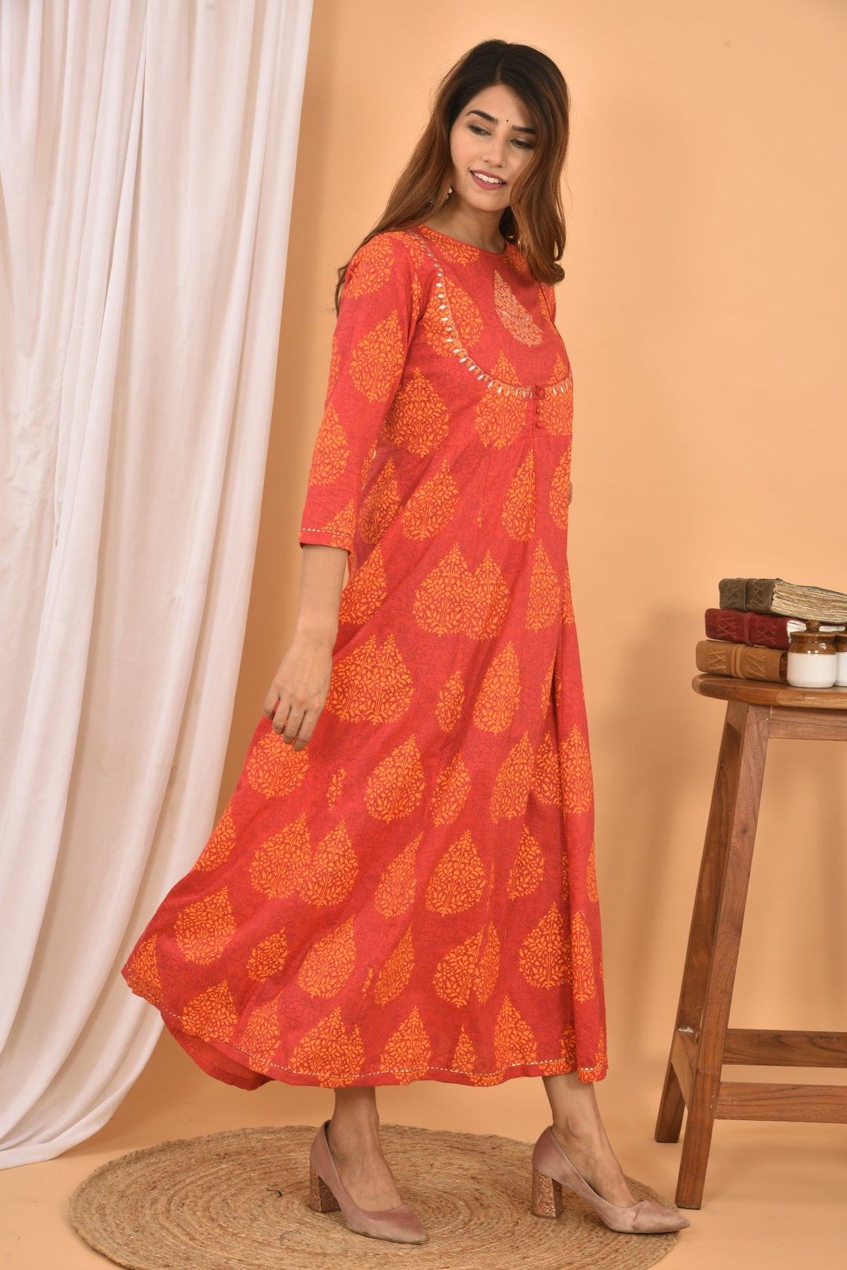 Kaajh Women's Orange Printed Anarkali Kurta | Grocsy