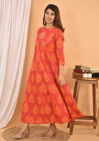 Kaajh Women's Orange Printed Anarkali Kurta | Grocsy