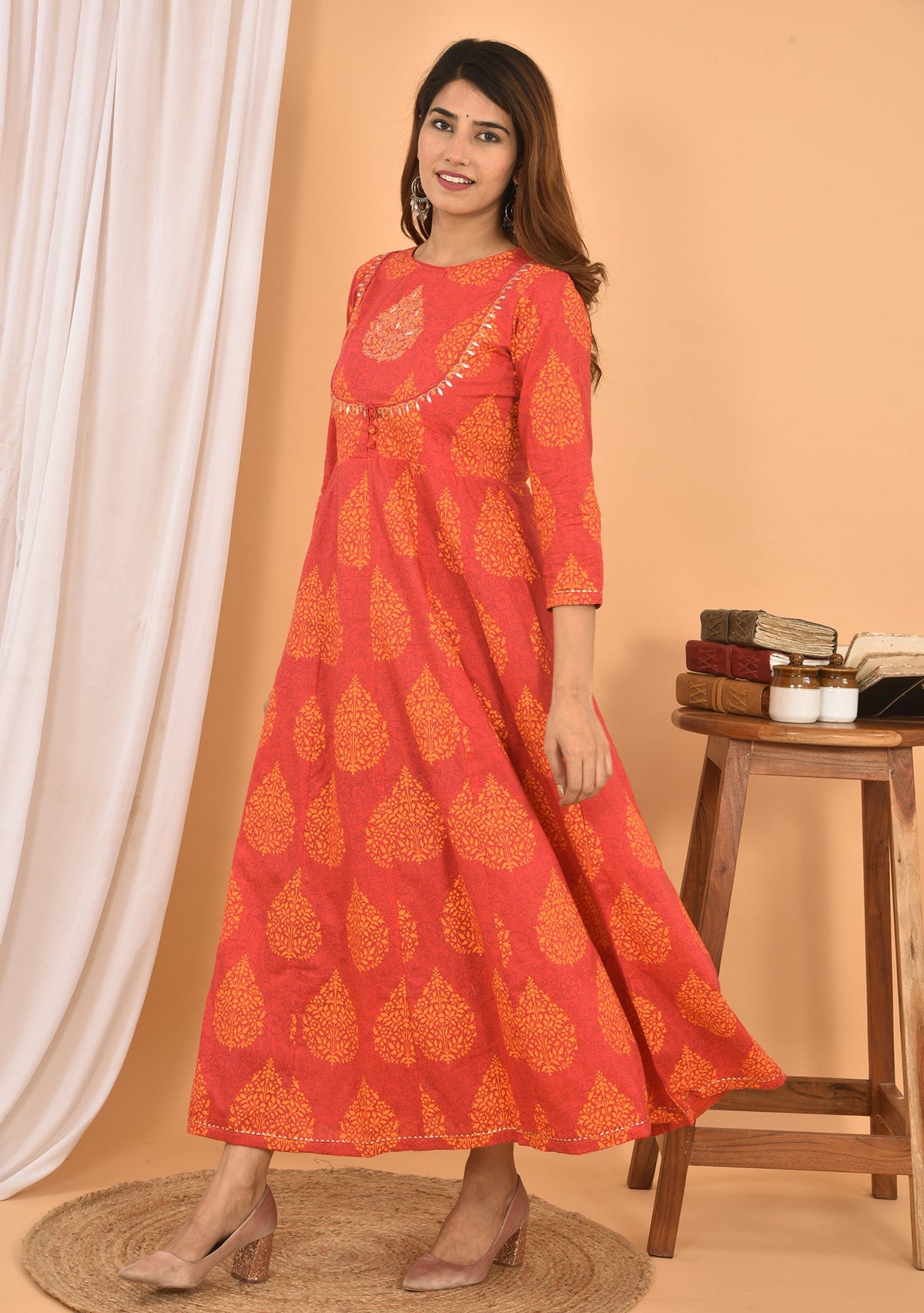 Kaajh Women's Orange Printed Anarkali Kurta | Grocsy