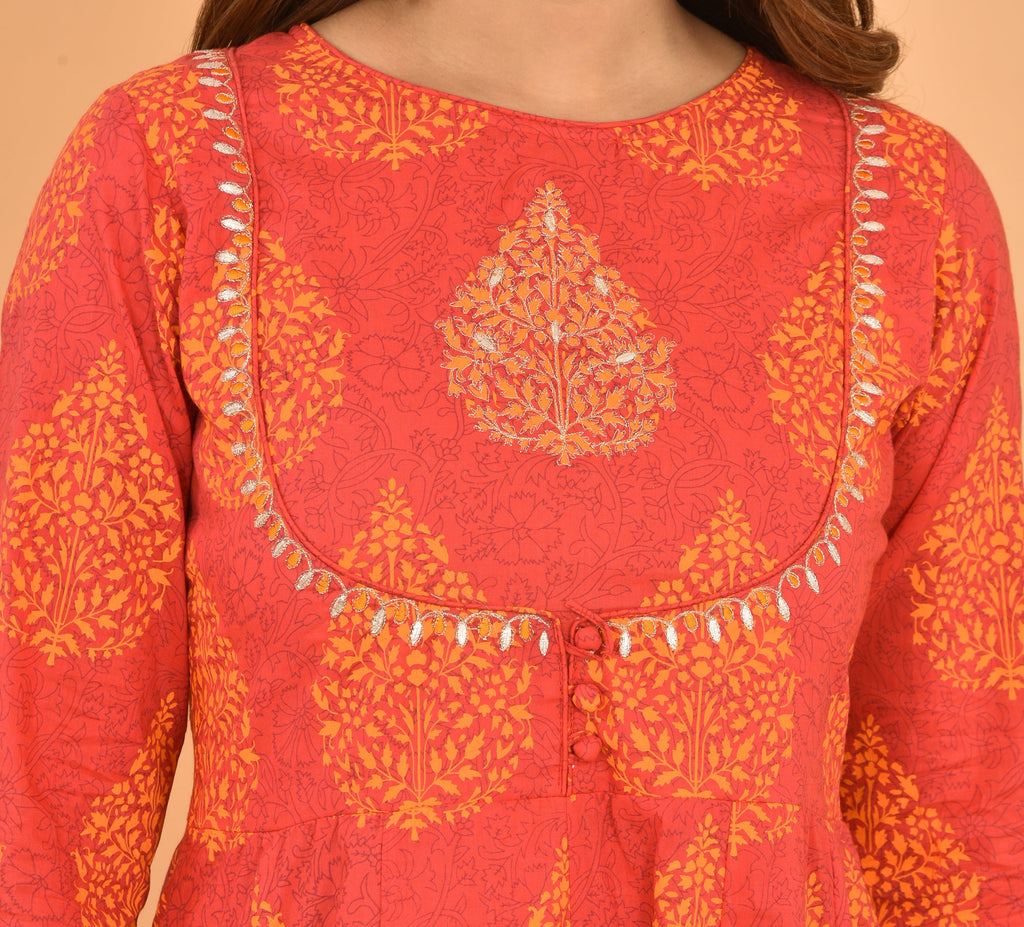 Kaajh Women's Orange Printed Anarkali Kurta | Grocsy
