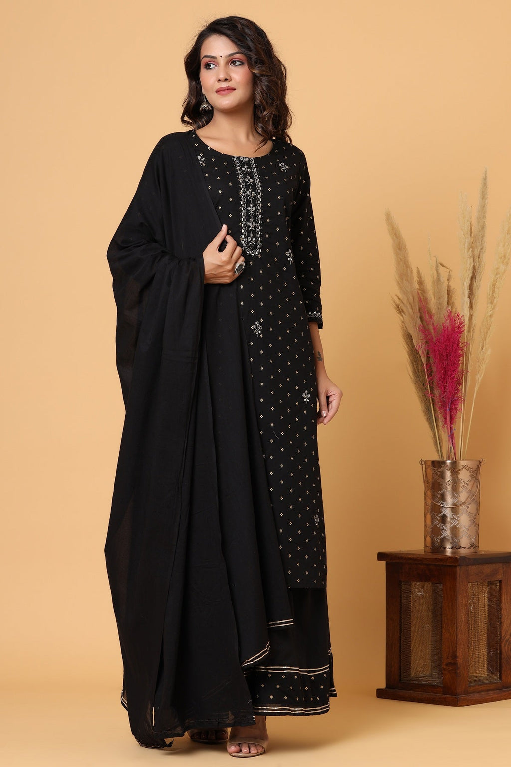 Kaajh Women's Black Gold Print Suit Set | Grocsy