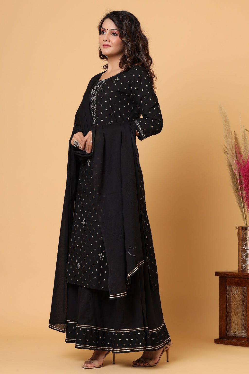 Kaajh Women's Black Gold Print Suit Set | Grocsy