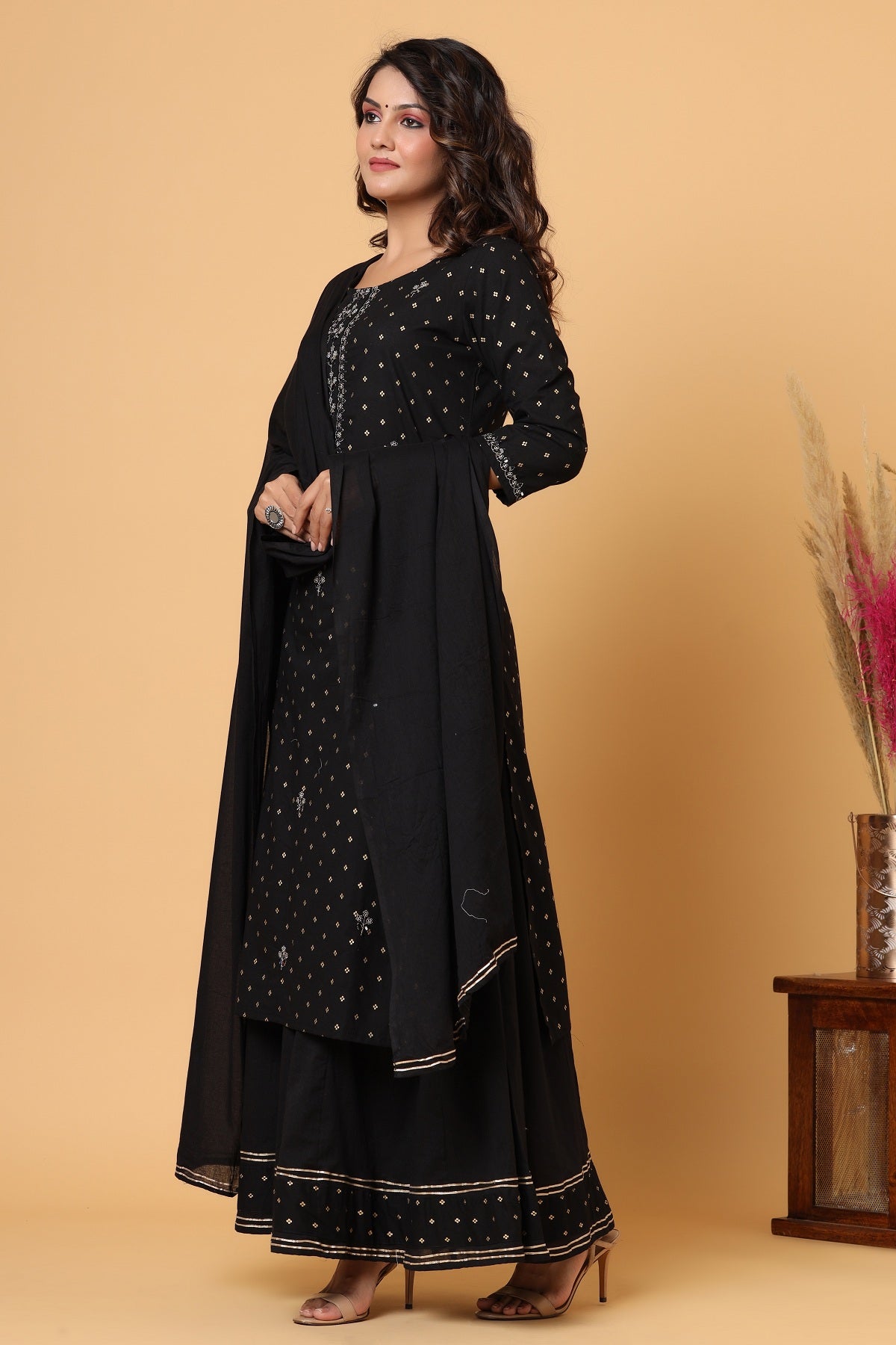 Kaajh Women's Black Gold Print Suit Set | Grocsy