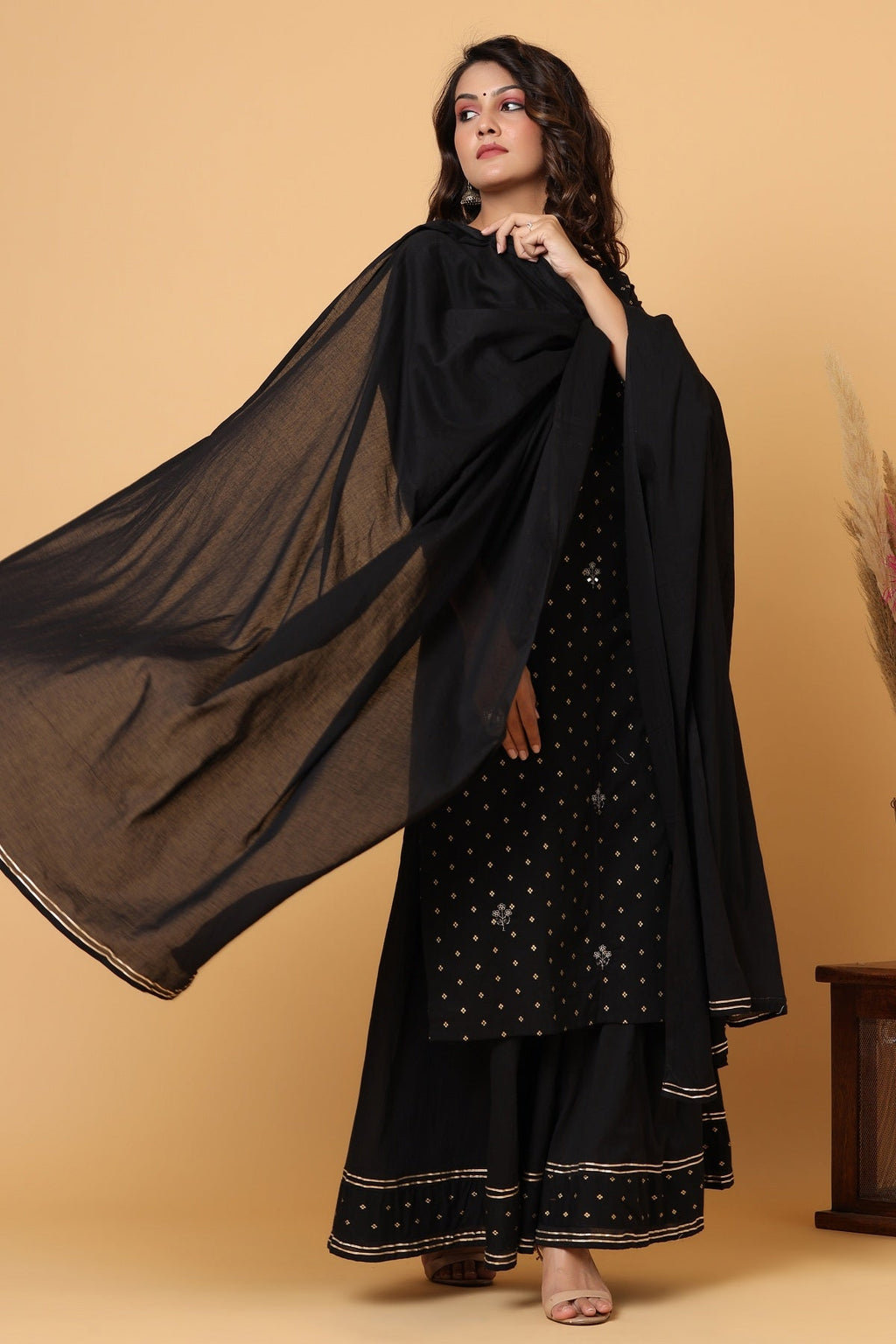 Kaajh Women's Black Gold Print Suit Set | Grocsy