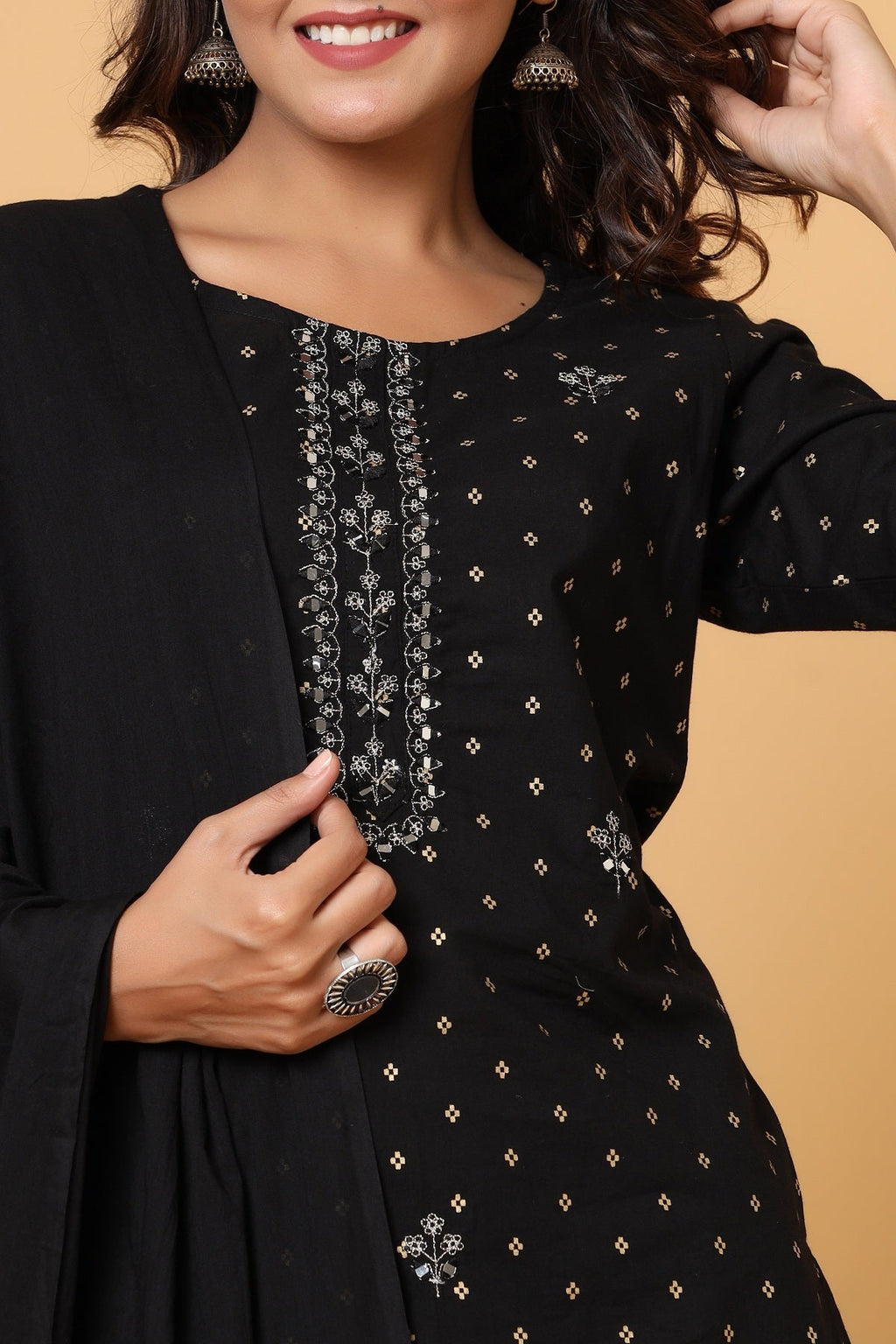 Kaajh Women's Black Gold Print Suit Set | Grocsy