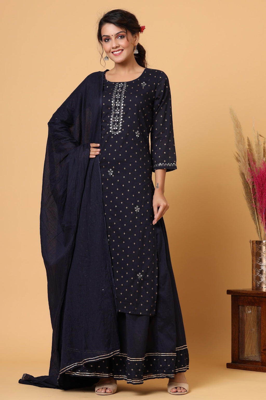 Kaajh Women's Blue Gold Print Suit Set | Grocsy