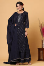 Kaajh Women's Blue Gold Print Suit Set | Grocsy