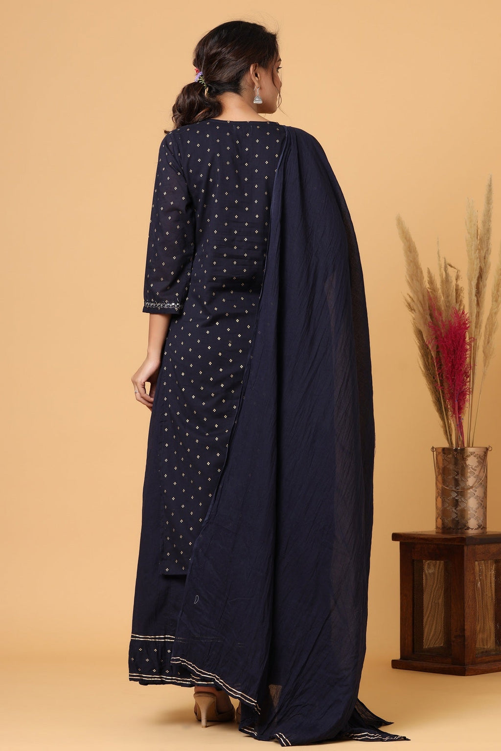 Kaajh Women's Blue Gold Print Suit Set | Grocsy