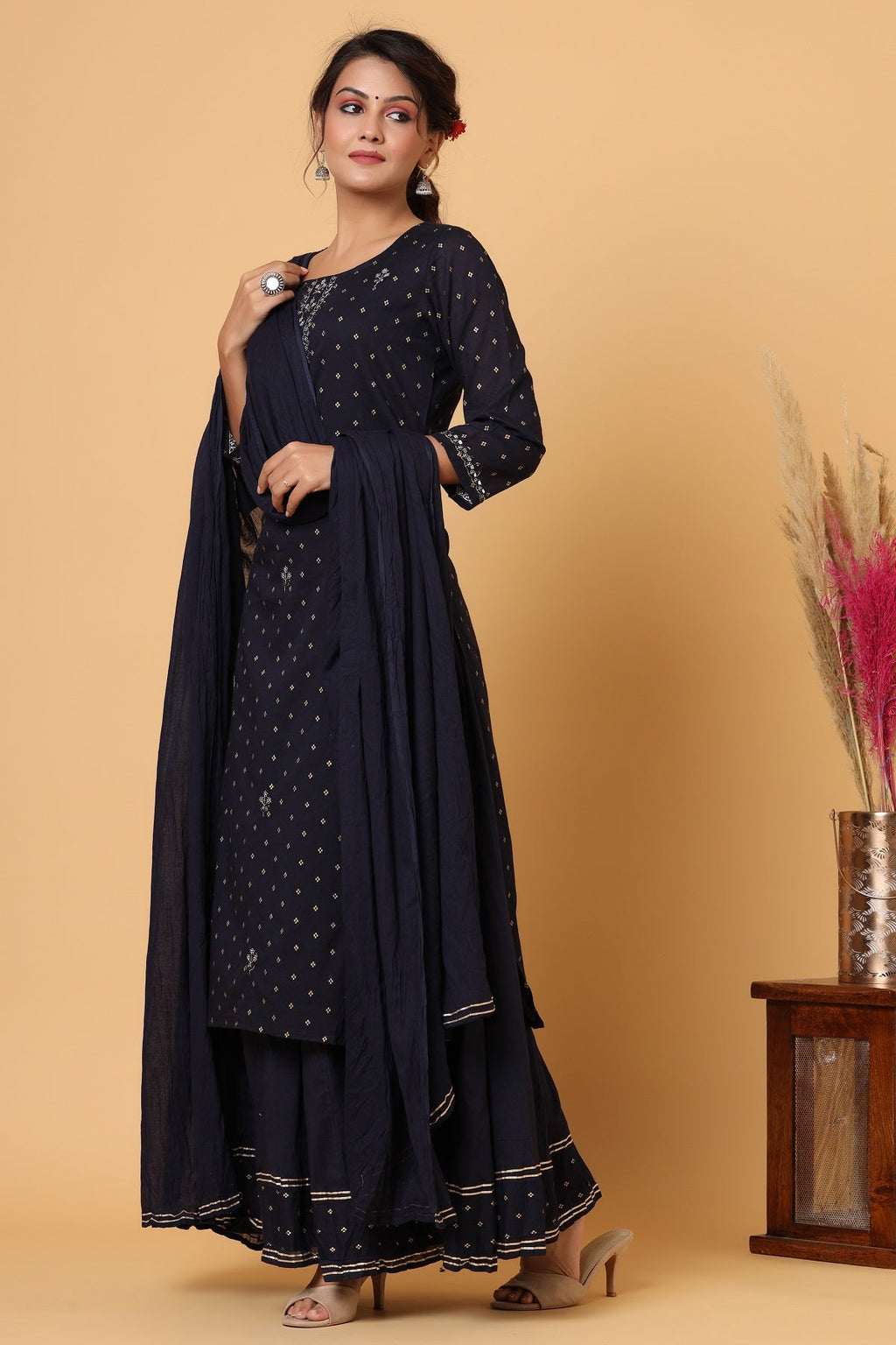 Kaajh Women's Blue Gold Print Suit Set | Grocsy