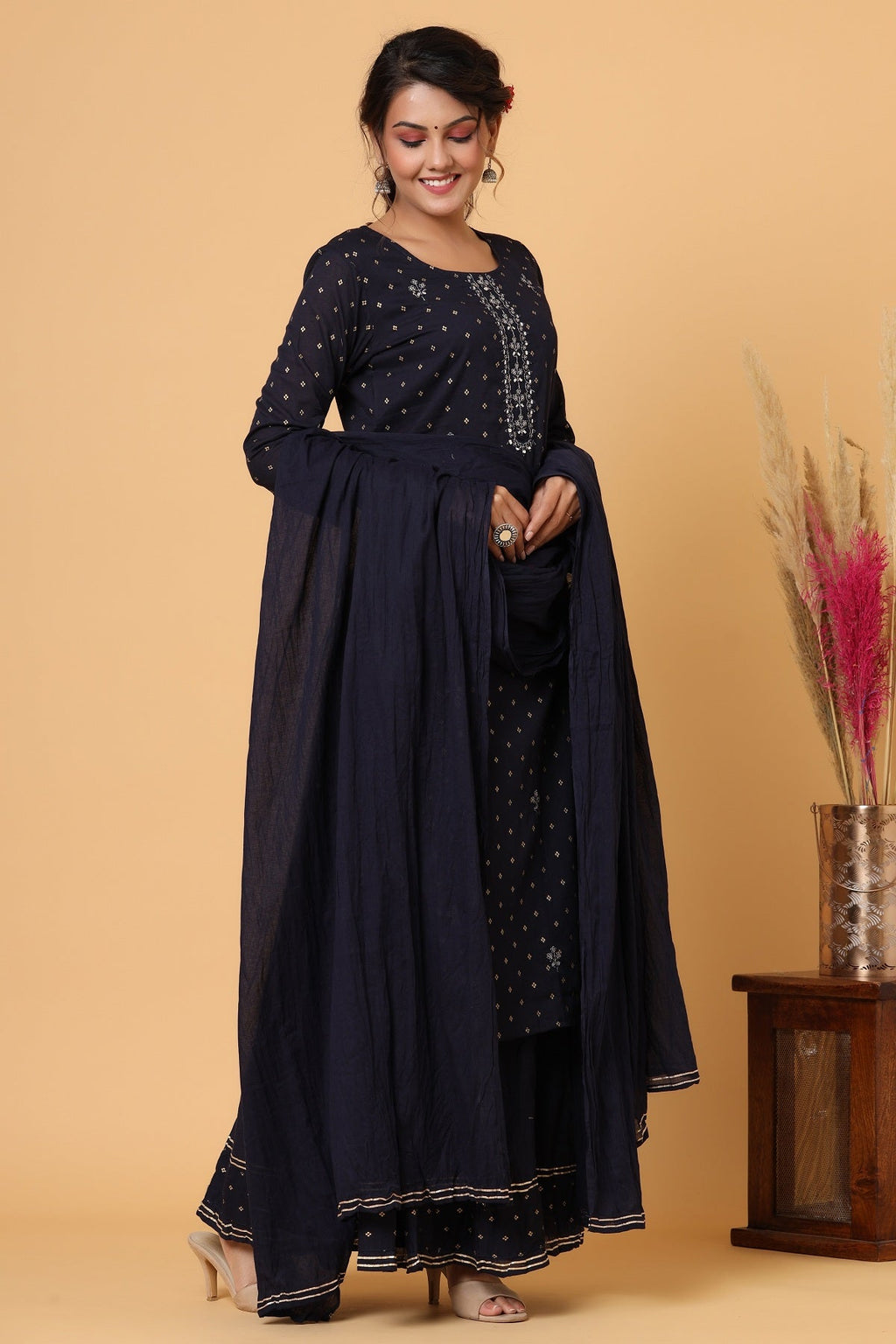 Kaajh Women's Blue Gold Print Suit Set | Grocsy