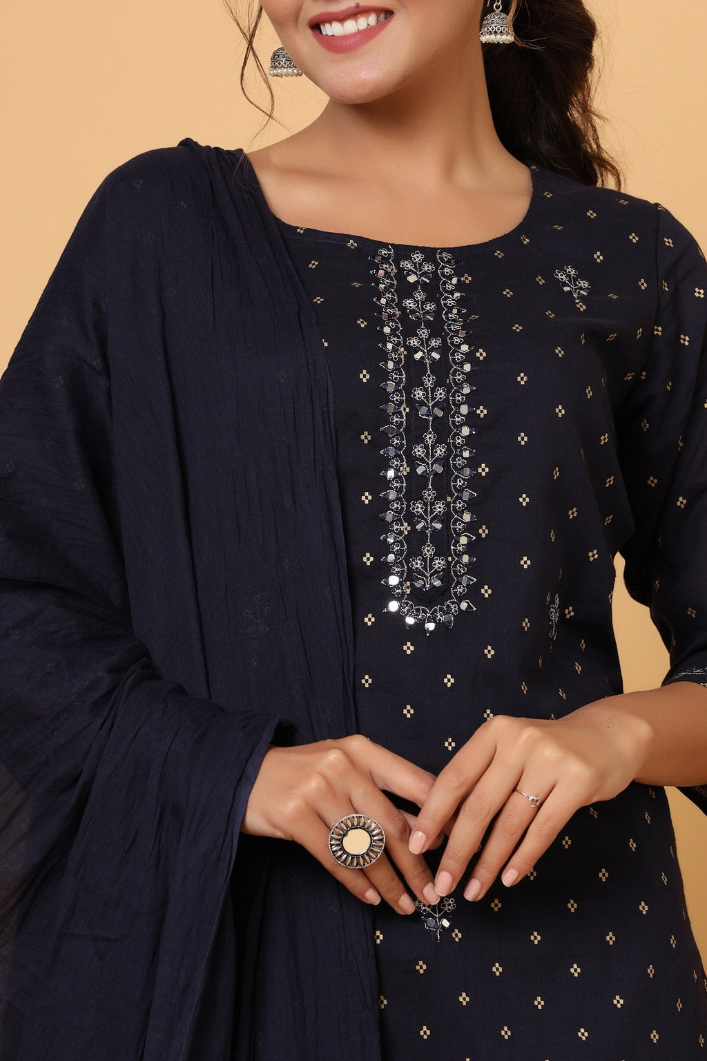 Kaajh Women's Blue Gold Print Suit Set | Grocsy