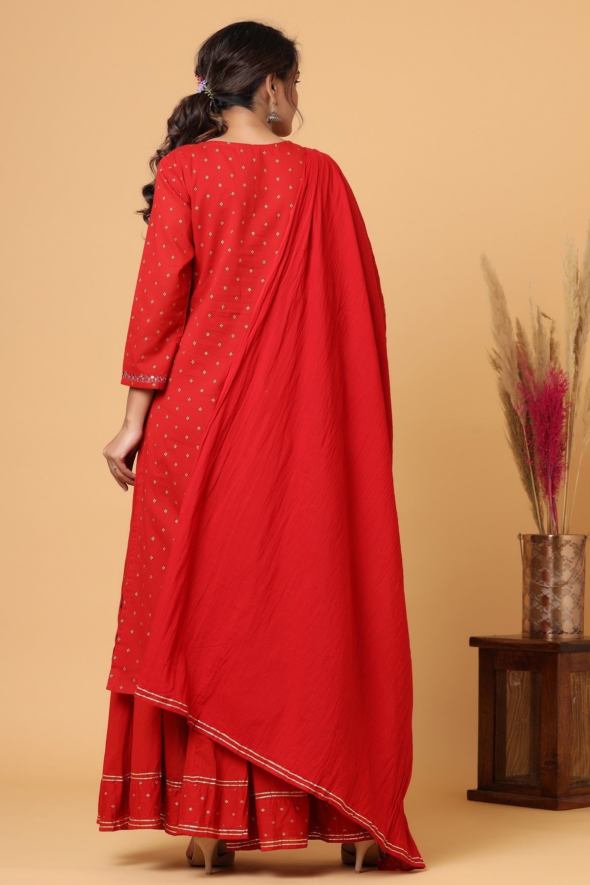 Kaajh Women's Red Gold Print Suit Set | Grocsy