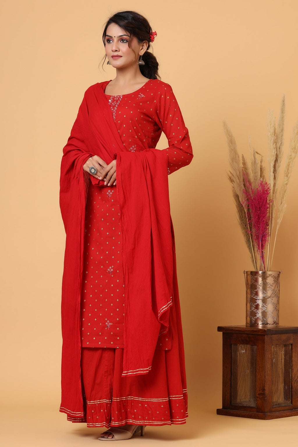 Kaajh Women's Red Gold Print Suit Set | Grocsy