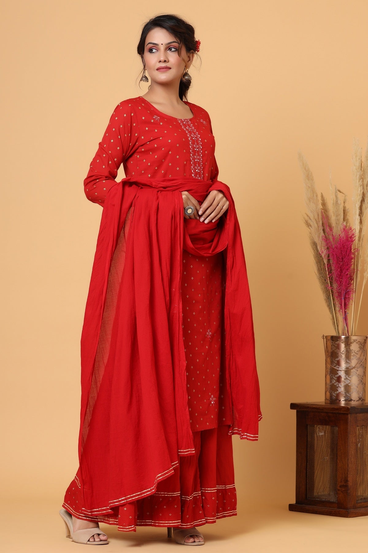 Kaajh Women's Red Gold Print Suit Set | Grocsy