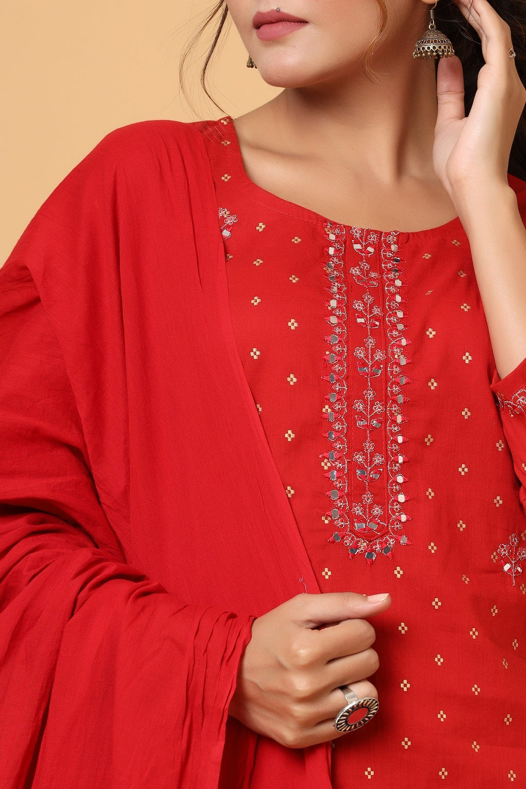 Kaajh Women's Red Gold Print Suit Set | Grocsy