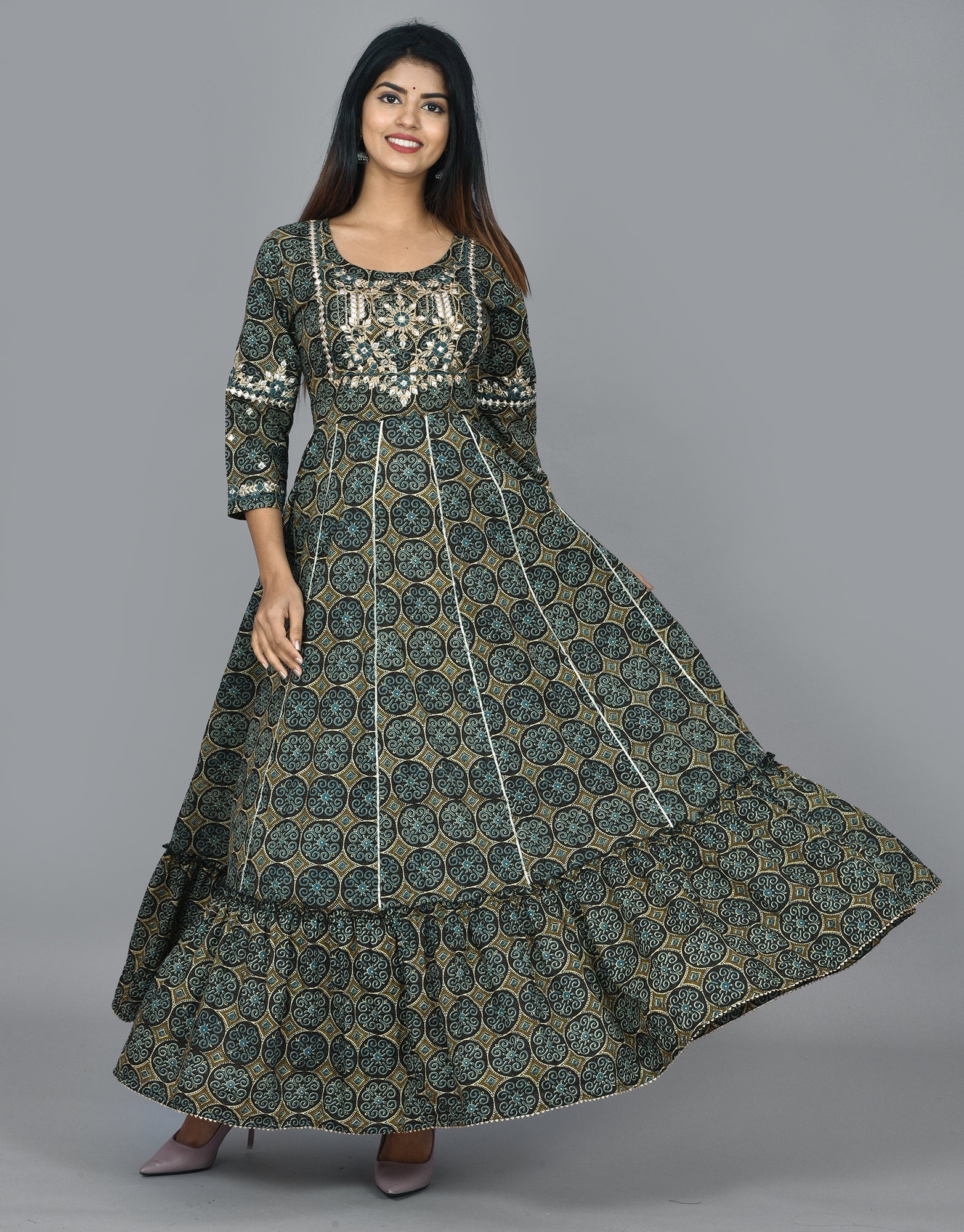 Kaajh Green Mirror Embroidery Anarkali Kurta For Women | Grocsy