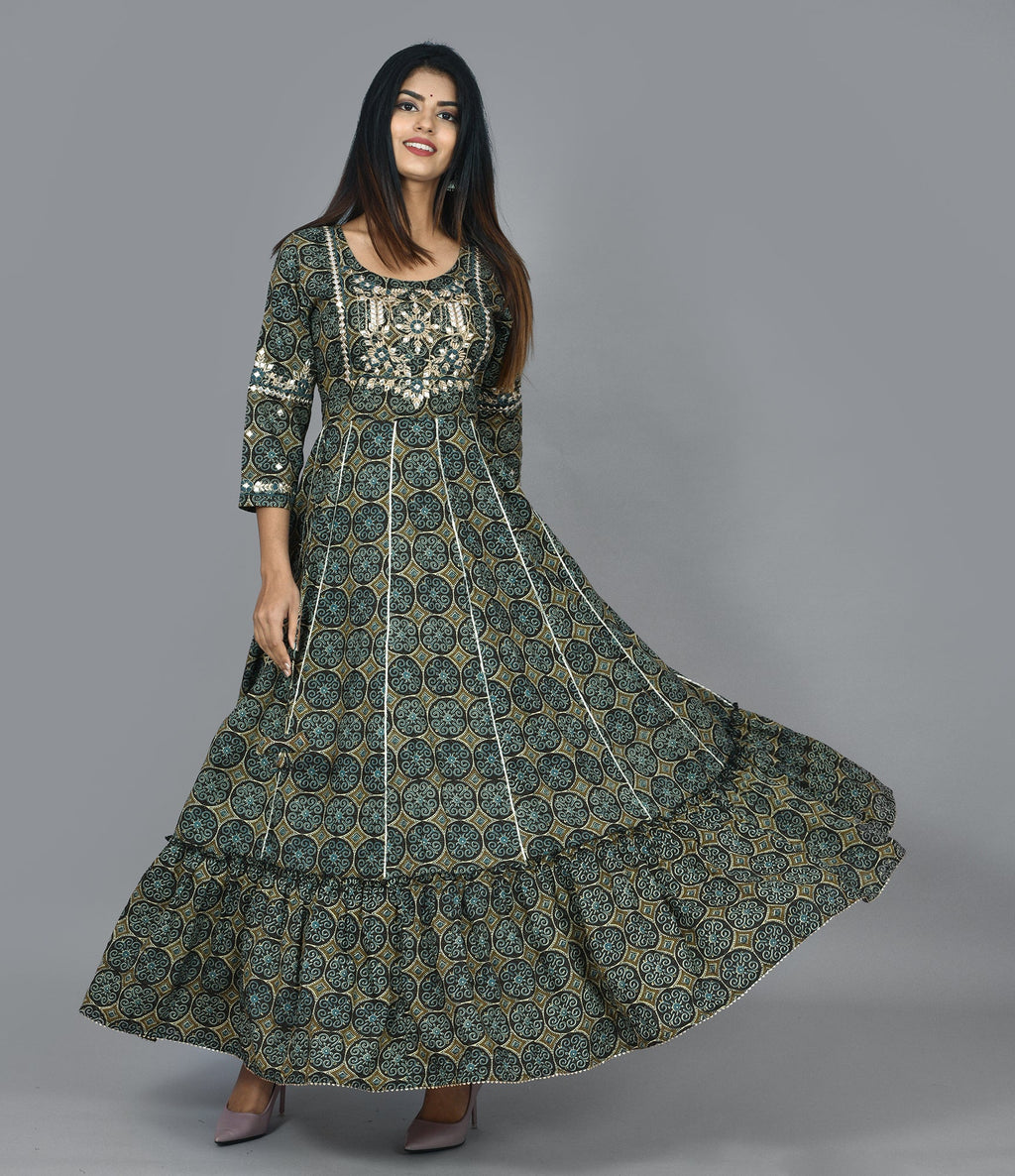 Kaajh Green Mirror Embroidery Anarkali Kurta For Women | Grocsy
