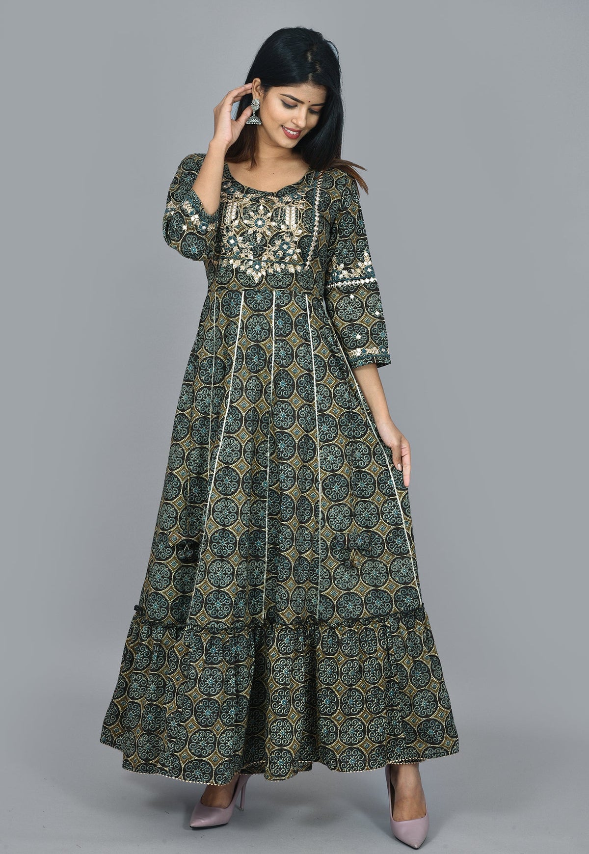 Kaajh Green Mirror Embroidery Anarkali Kurta For Women | Grocsy