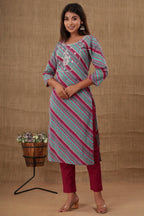 Kaajh Women's Maroon Lahariya Cotton Kurta Pant Set | Grocsy