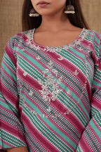 Kaajh Women's Maroon Lahariya Cotton Kurta Pant Set | Grocsy