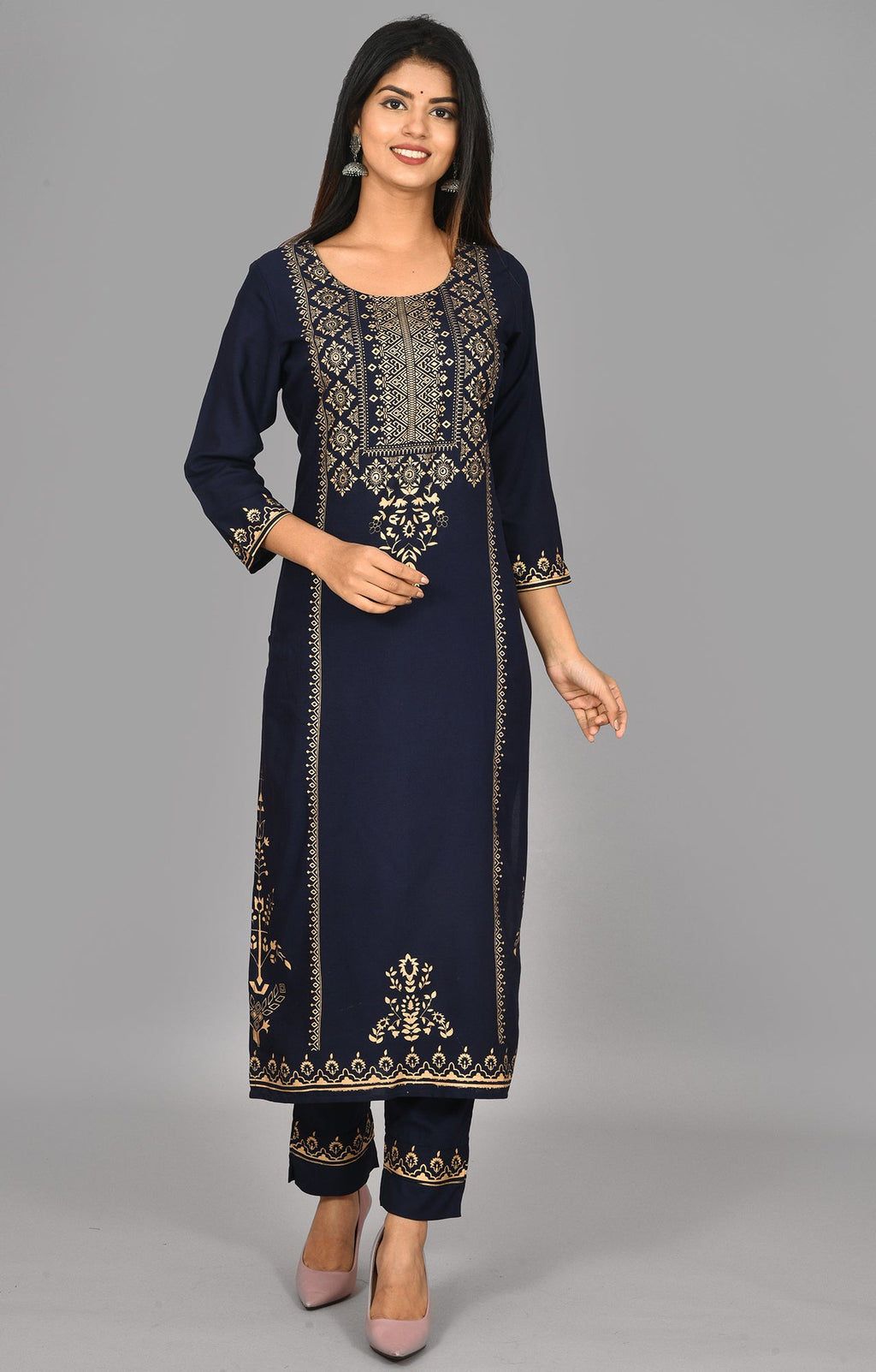 Kaajh Blue Gold Printed Kurta Pant Set For Women | Grocsy