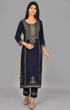 Kaajh Blue Gold Printed Kurta Pant Set For Women | Grocsy