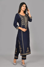 Kaajh Blue Gold Printed Kurta Pant Set For Women | Grocsy