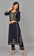 Kaajh Blue Gold Printed Kurta Pant Set For Women | Grocsy