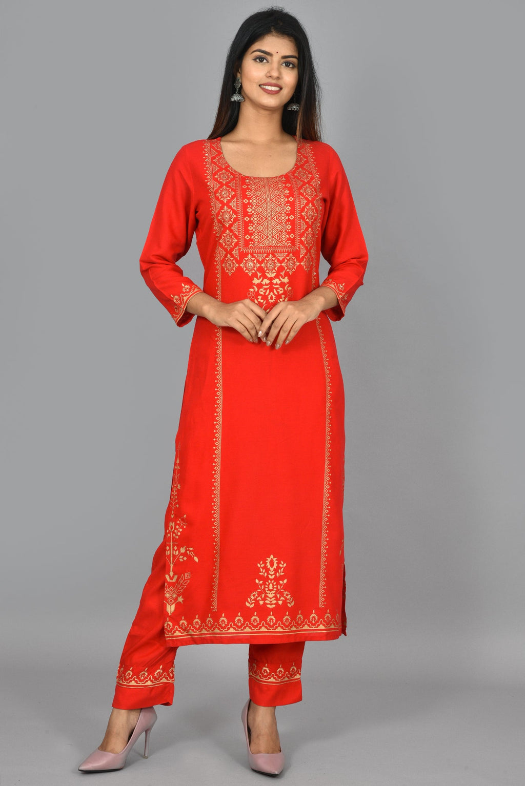 Kaajh Women's Red Gold Printed Kurta Pant Set | Grocsy