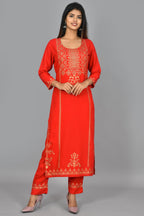 Kaajh Women's Red Gold Printed Kurta Pant Set | Grocsy