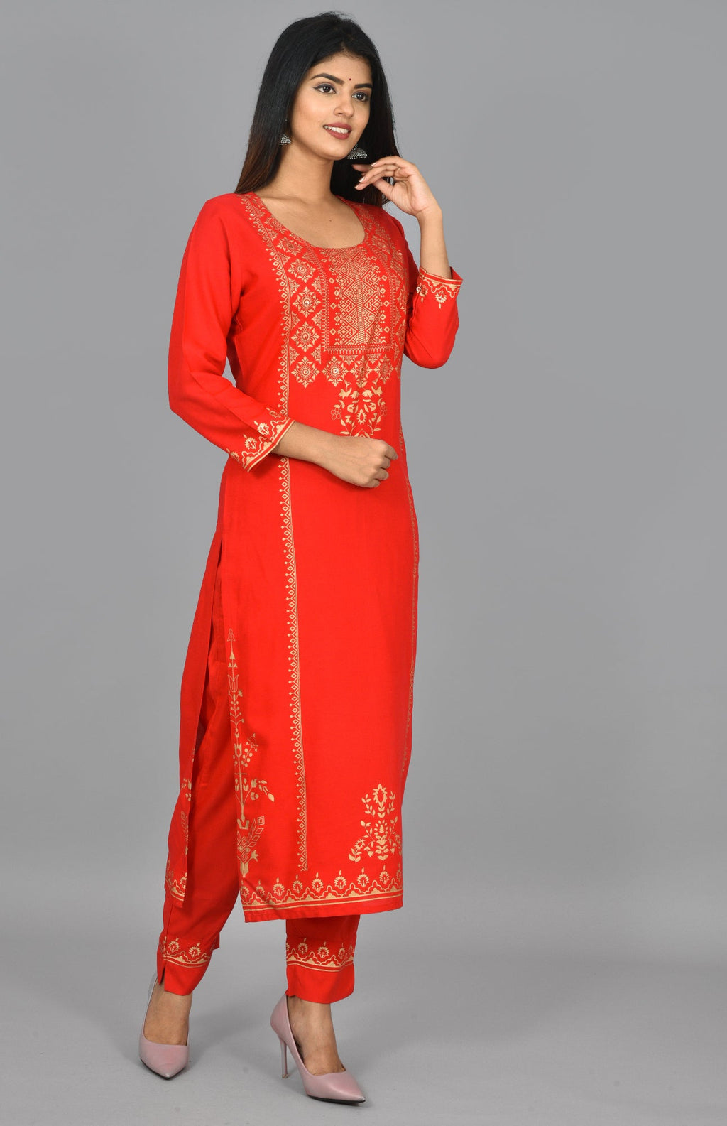 Kaajh Women's Red Gold Printed Kurta Pant Set | Grocsy