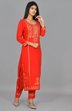 Kaajh Women's Red Gold Printed Kurta Pant Set | Grocsy
