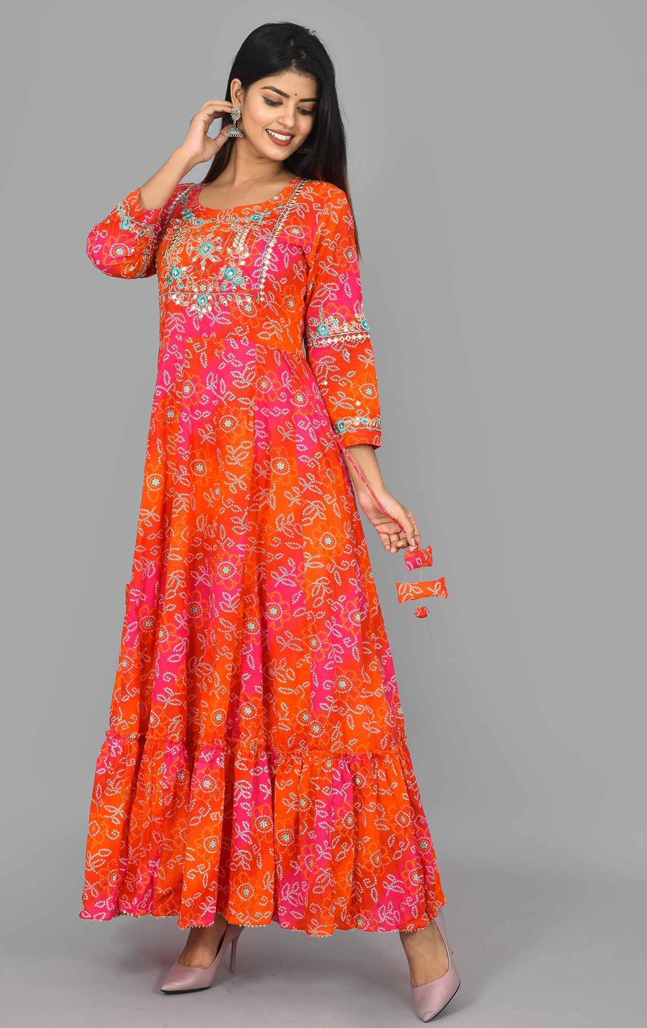 Kaajh Women's Orange Zari Embroidery Anarkali Kurta | Grocsy