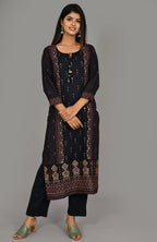 Kaajh Women's Blue Gold Printed Kurta Pant Set | Grocsy