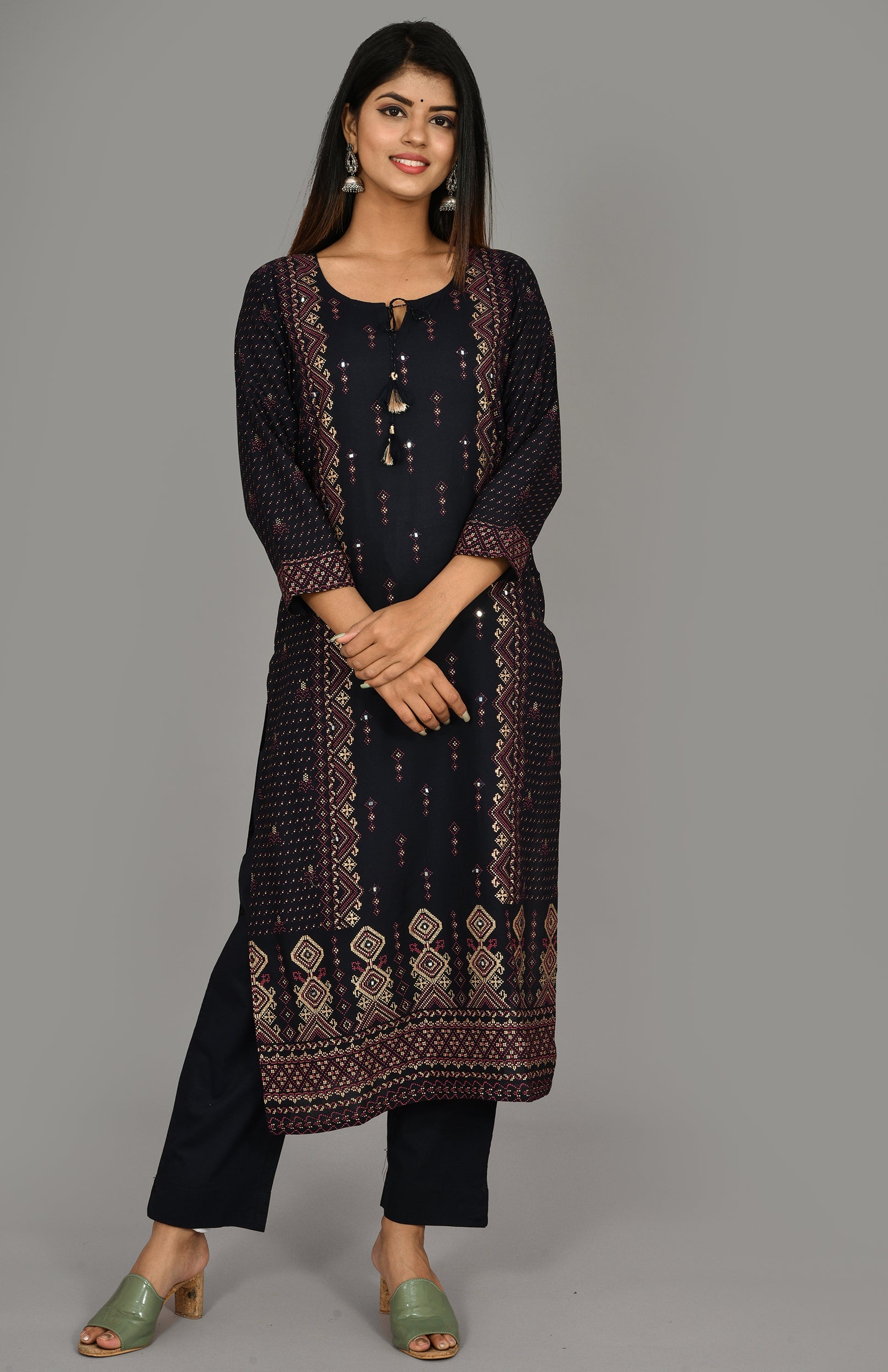 Kaajh Women's Blue Gold Printed Kurta Pant Set | Grocsy