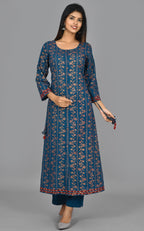 Kaajh Women's Blue Gold Print Long Kurta Pant Set | Grocsy