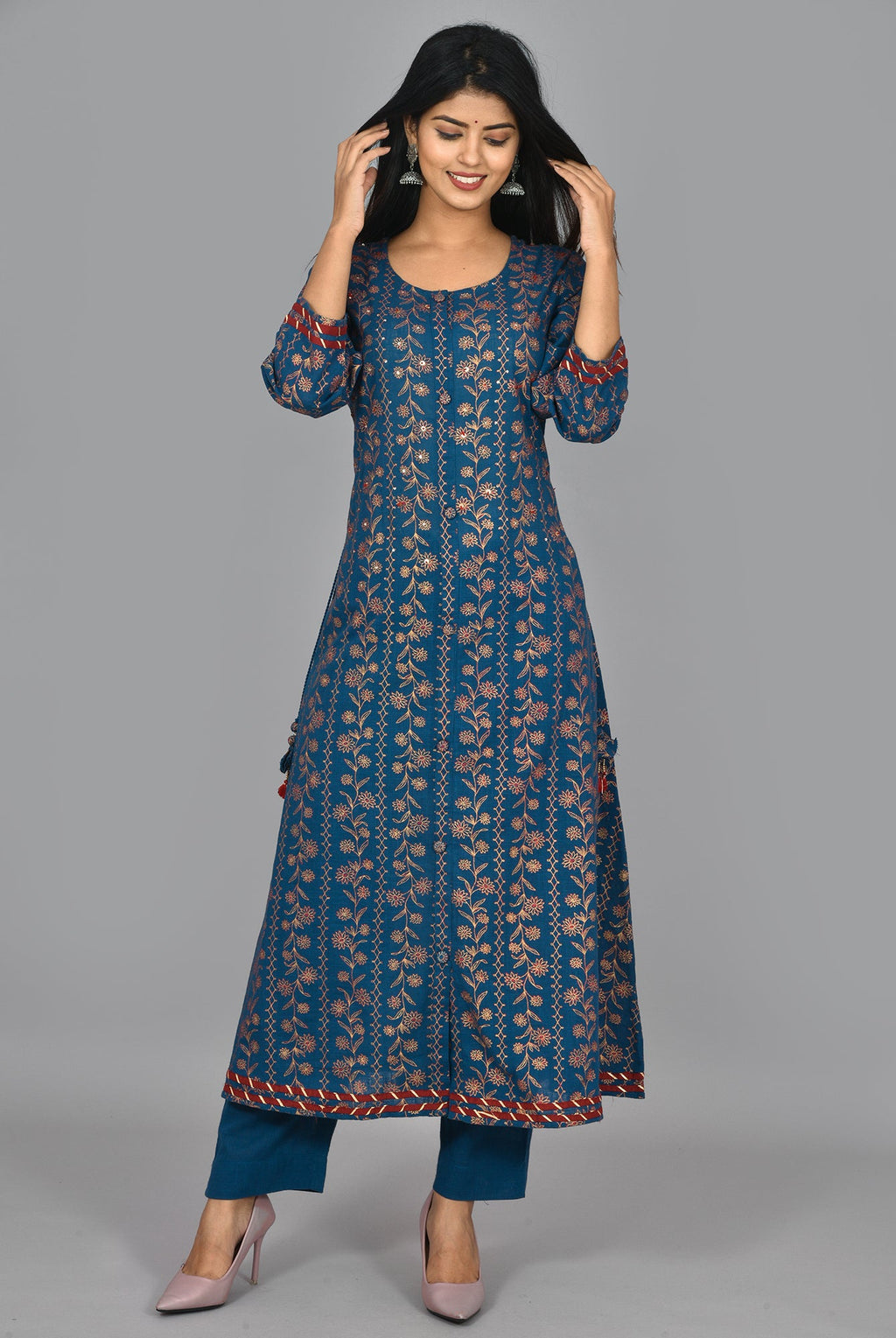 Kaajh Women's Blue Gold Print Long Kurta Pant Set | Grocsy