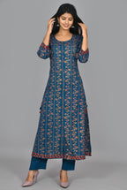 Kaajh Women's Blue Gold Print Long Kurta Pant Set | Grocsy