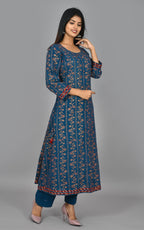 Kaajh Women's Blue Gold Print Long Kurta Pant Set | Grocsy
