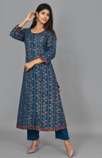 Kaajh Women's Blue Gold Print Long Kurta Pant Set | Grocsy