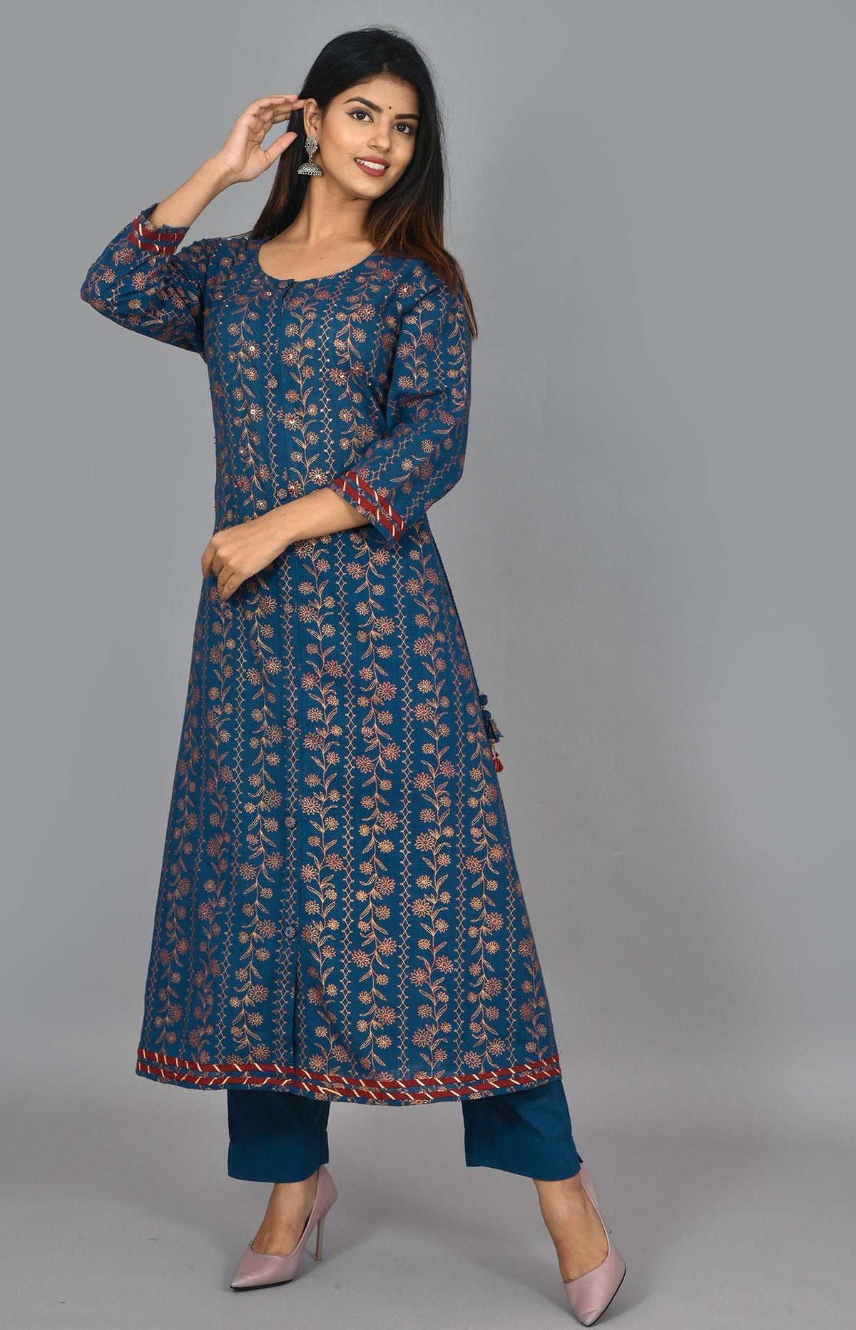 Kaajh Women's Blue Gold Print Long Kurta Pant Set | Grocsy