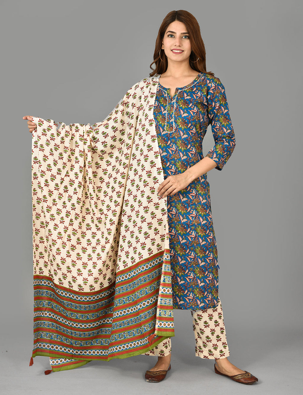 Kaajh Blue Floral Print Cotton Suit Set For Women | Grocsy